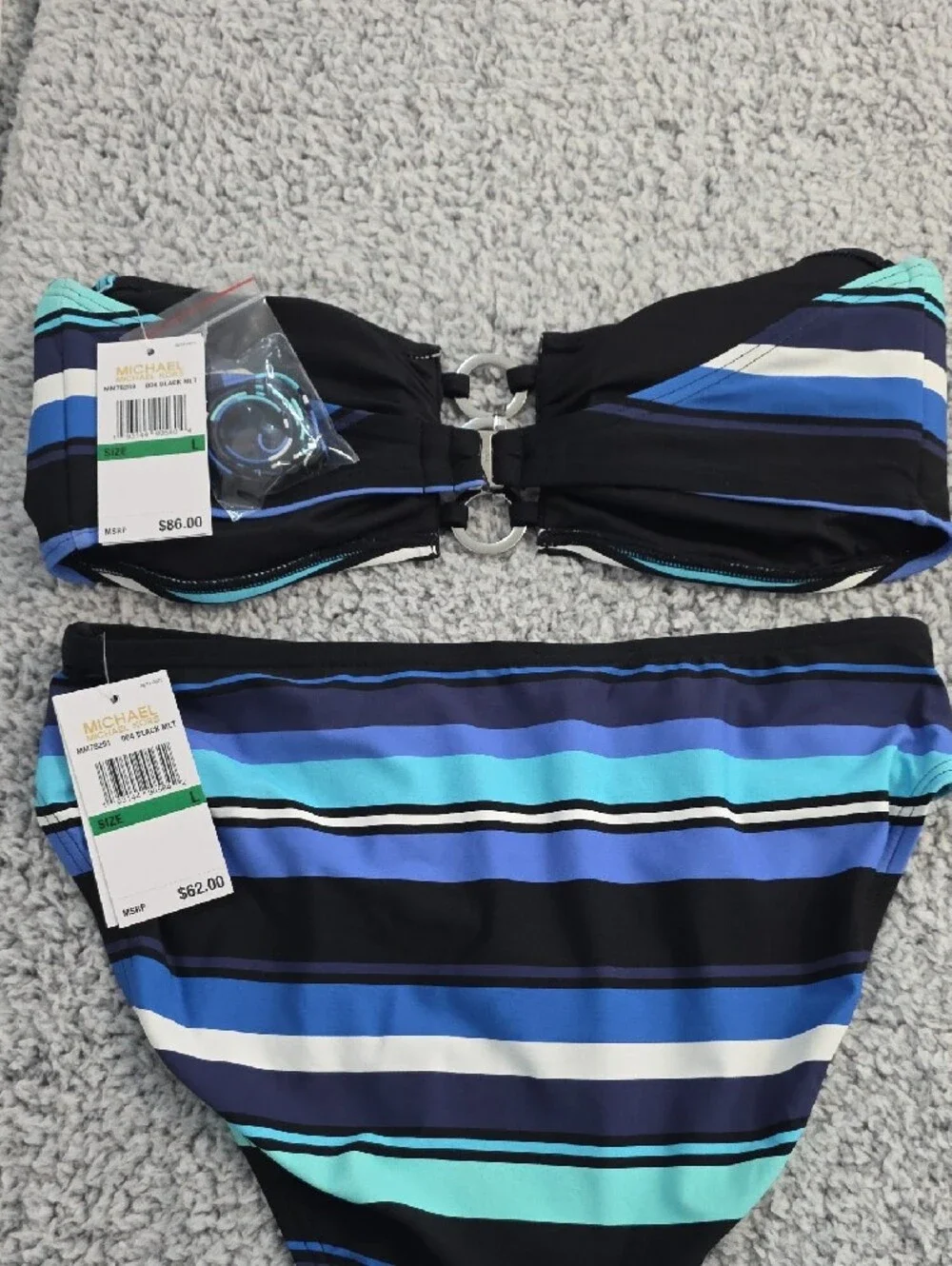 Michael Kors Black, Teal & Blue Striped Bandeau Bikini
